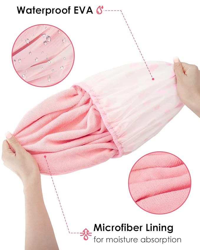Auban Shower Cap, Shower Cap for Women Terry Cloth Lined EVA Exterior Reusable Double Layer Waterproof, Large Bath Hair Cap, Hotel Travel Essentials Accessories Cleaning Supplies(Pink)