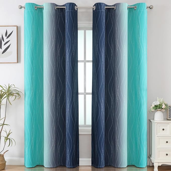 Navy Blue and Teal Ombre Blackout Curtains - Image 2