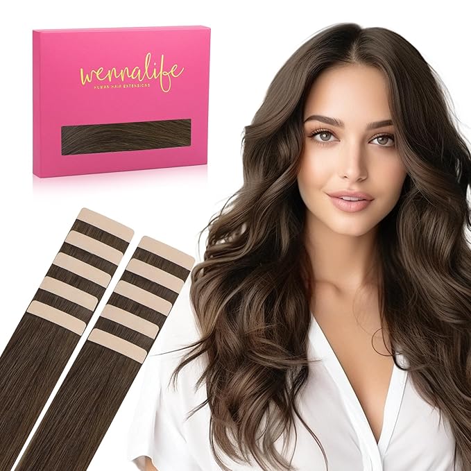 WENNALIFE Tape in Hair Extensions Human Hair Chocolate Brown Tape in Extensions, 10pcs 25g 16 inch Remy Invisible Tape Ins Straight Soft Real Human Hair Tape in Extensions Refill Set Extensions