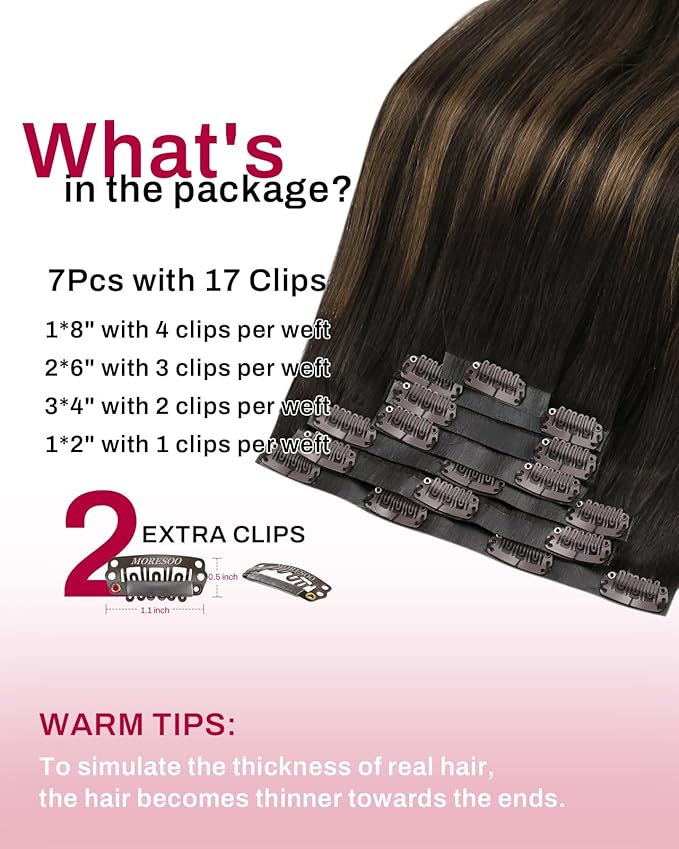 Moresoo Seamless Clip in Hair Extensions Human Hair Balayage Dark Brown to Chestnut Brown Hair Extensions Clip ins Short Straight Pu Skin Weft 120g/7pcs 14 inch