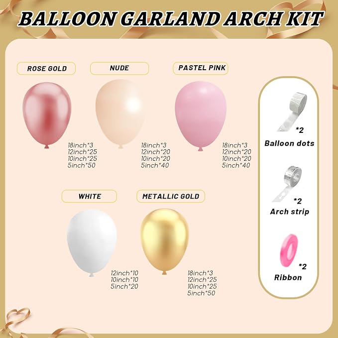 412Pcs Rose Gold Balloon Garland Arch Kit, 18 12 10 5 Inch Nude Pastel Pink - Image 2