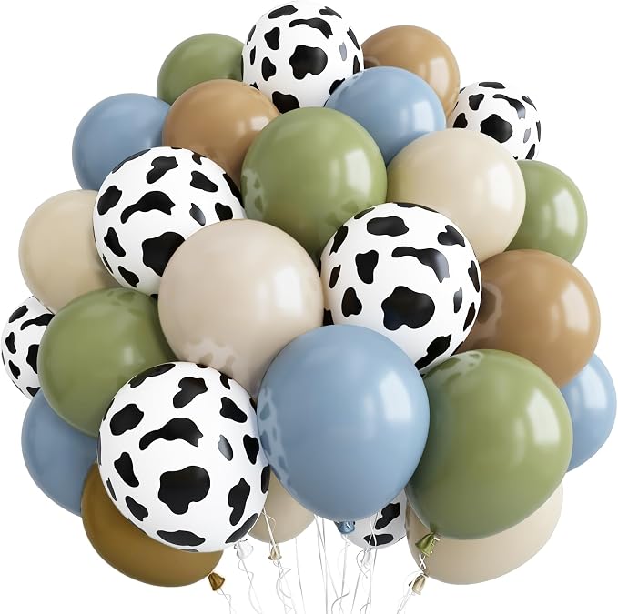 Cow Print Balloons, 12 Inch Farm Animal Retro Dusty Blue Green Beige Black Sand by Lingqiang