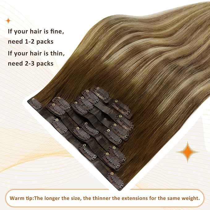 Full Shine Clip in Extensions Real Human Hair Brown Balayage Seamless Clip ins Medium Brown to Caramel Blonde and Brown Invisible Hair Extension Softness 20 Inch 8 PCS 120 G