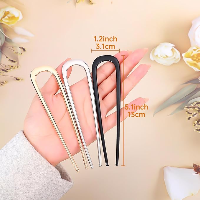 BEoffer French Hair Pin 3PCS Metal Hair Pins for Women Elegant French Twists, Buns and Updos with No Hair Damage, U-shaped French Pin Great Hold and Comfortable Keeps Hair in Place (Black)