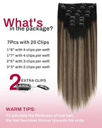 Moresoo Clip in Hair Extensions Remy Double Weft Human Hair Clip in Extensions Straight Balayage Hair Extensions for Women Ombre Black Mixed with Silver Grey 7pcs 150g 22inch