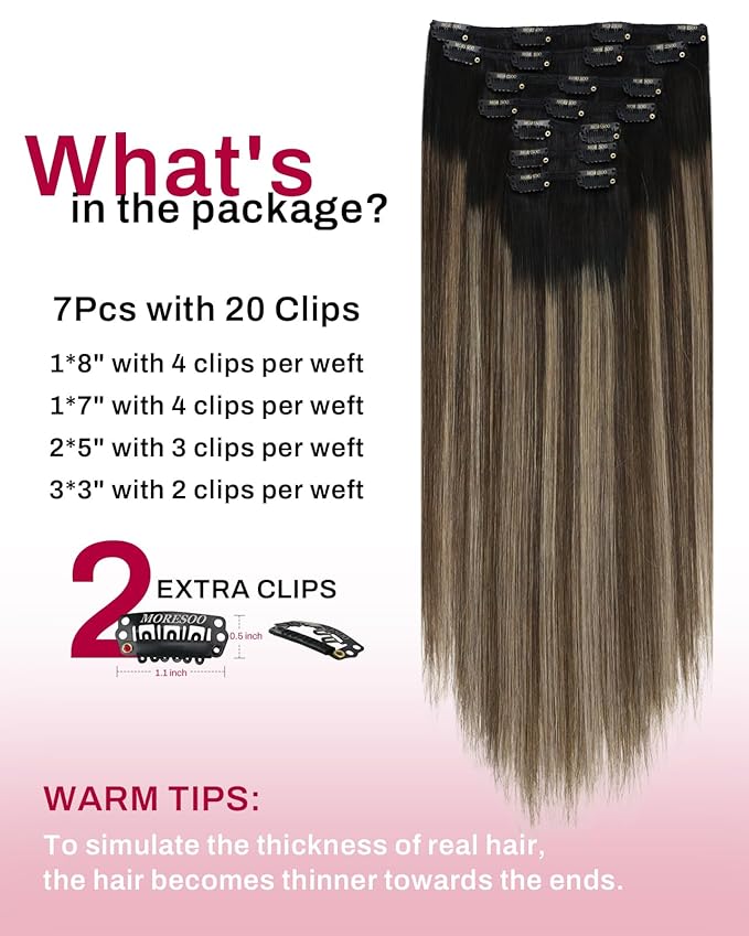 Moresoo Human Hair Clip in Extensions Balayage Remy Human Hair Extensions Clip ins Ombre Black and Brown with Dark Golden Blonde 7pcs 135g 18 Inch