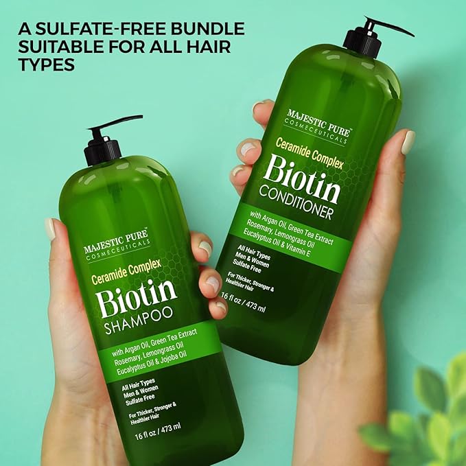 MAJESTIC PURE Biotin Shampoo and Conditioner Set - With Essential Oils & Ceramides - Helps Hair Growth, Thickening, Dry & Colored Hair - Sulfate Free - For All Hair Types - Men & Women - 16 fl oz each