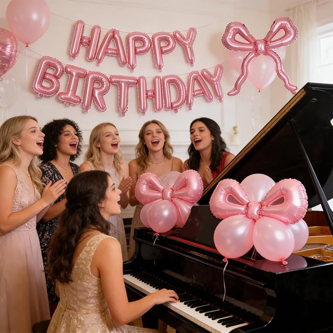 Pink Bow Happy Birthday Balloons Banner, 22 Inch Pearl Pink Bow Foil Balloons - Image 7