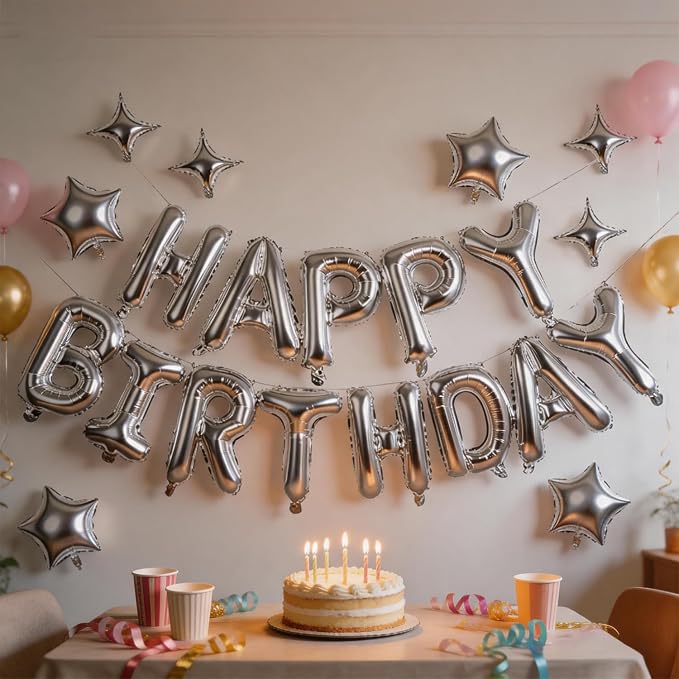 Silver Happy Birthday Balloons Banner 16 Inch Mylar Foil Letters, 10 Inch Five - Image 2