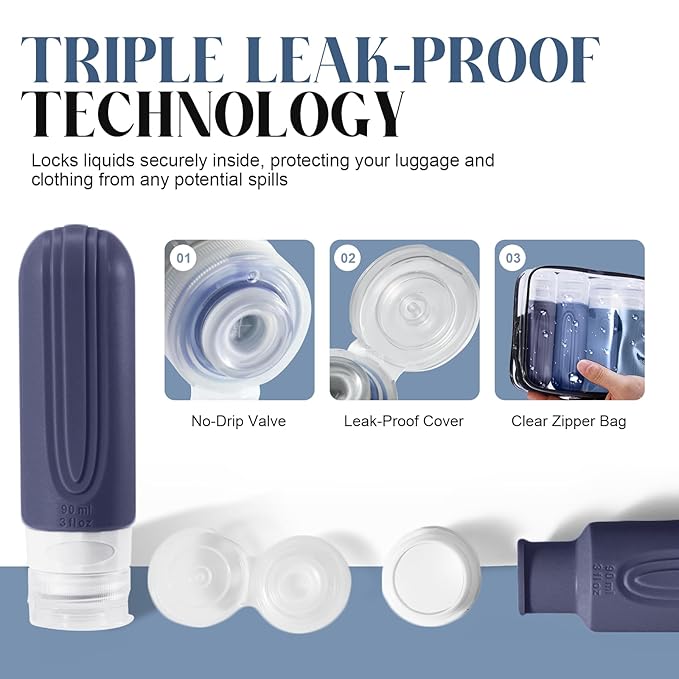 Travel Bottles for Toiletries, 3oz TSA Approved Travel Size Toiletries, Silicone Leak-Proof Refillable Containers, Squeezable Liquid Essentials Bottles W/Clear Bag (BLUE)