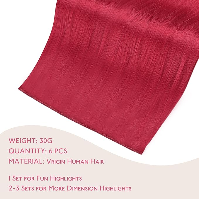 WENNALIFE Red Clip in Hair Extensions Real Human Hair 35g 6pcs 22 Inch Colored Hair Extensions for Kids Women Colorful Hair Pieces Pop-up Style Straight Extensiones De Cabello Humano Con Clip