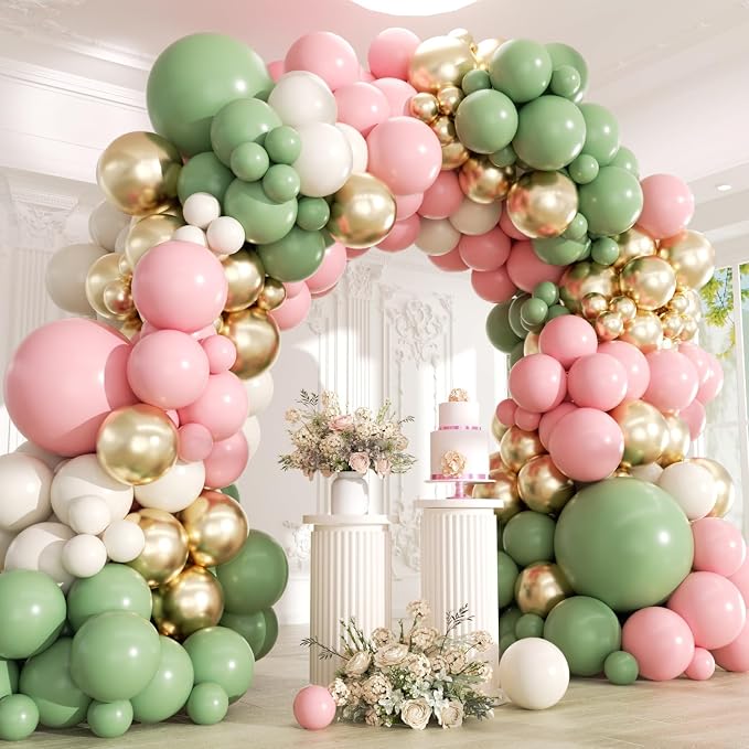 Pink and Green Balloons Arch Kit -153Pcs Sage Green and Pink White Sand Gold by Unknown