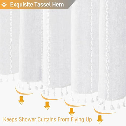 White Boho Farmhouse Linen Heavy Duty Cloth Shower Curtain Set, 72x72 | 330GSM - Image 6