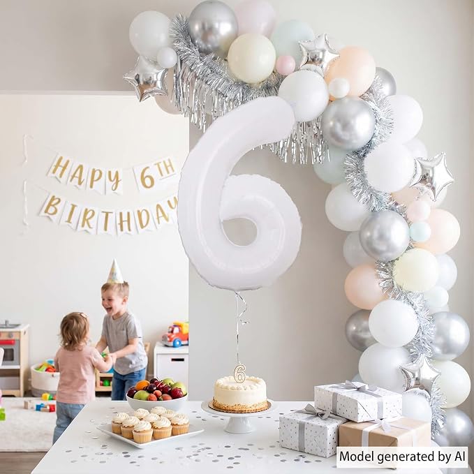 White Number 6 Balloon 40 Inch, Large White Foil Mylar 6th Birthday Decorations - Image 6