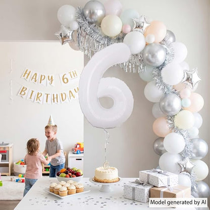 White Number 6 Balloon 40 Inch, Large White Foil Mylar 6th Birthday Decorations - Image 6