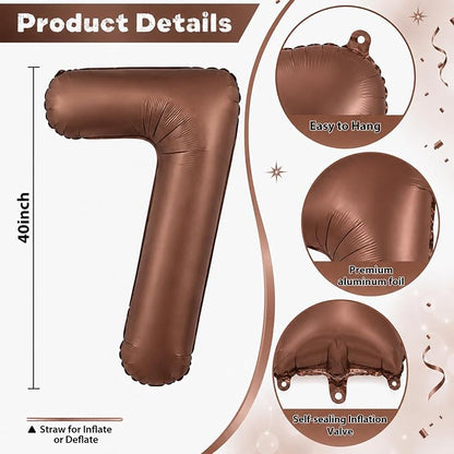 40 Inch Dark Brown Number 7 Balloon, Chocolate Brown Large Self Inflating Foil - Image 2