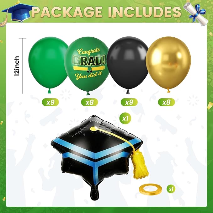 Green Black Graduation Balloons, Dark Green Gold Black Balloons - Image 2