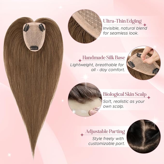 Real Human Hair Toppers for Women 3.54"*4.72" Silky Base 150% Density No Bangs Adjustable Parting Clip-In Topper Hairpieces for Women with Thinning Hair 10 Inches Medium Brown