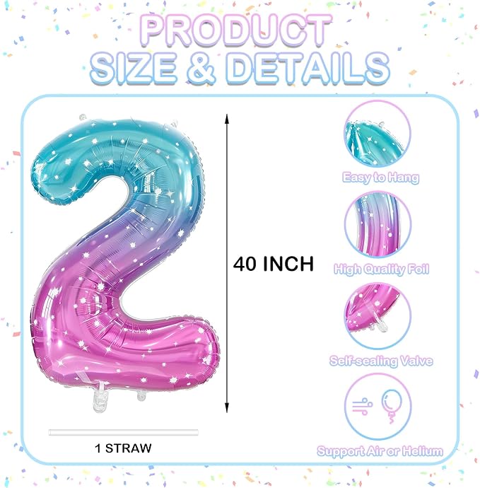 Number 2 Foil Balloon with Crown, 40-Inch Gradient | Gradient star print number - Image 2