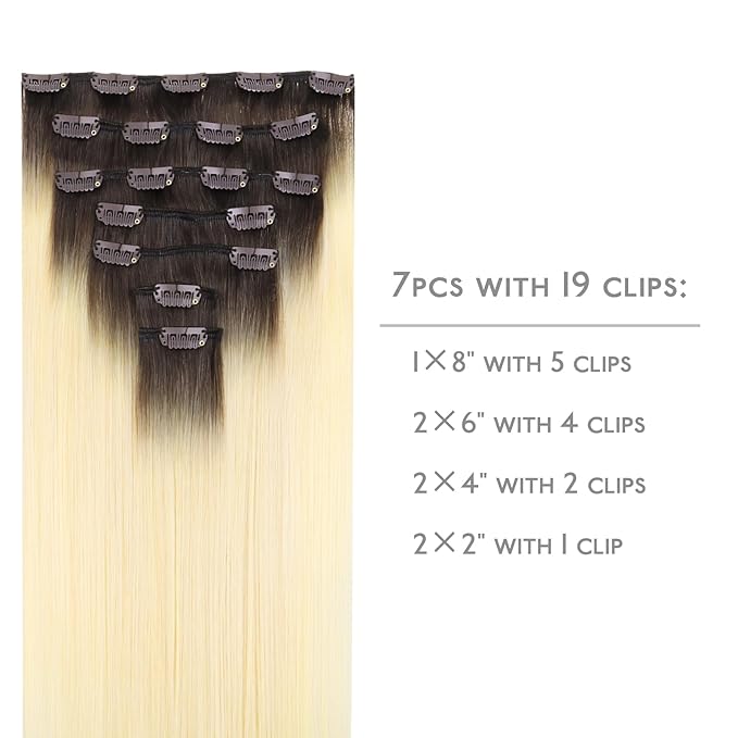 WENNALIFE Clip in Hair Extensions, 20 Inch 120g 7pcs Clip in Hair Extensions Real Human Hair, Ombre Light Dark Brown to Platinum Blonde Extensions Remy Hair