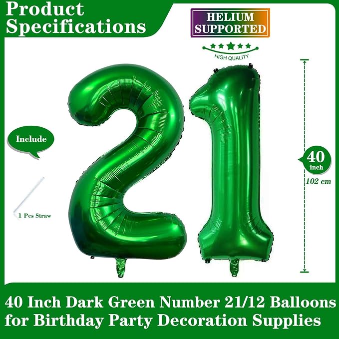 Dark Green 21 Number Balloons, 40 Inch Giant Number 21 Balloons Foil Mylar - Image 2