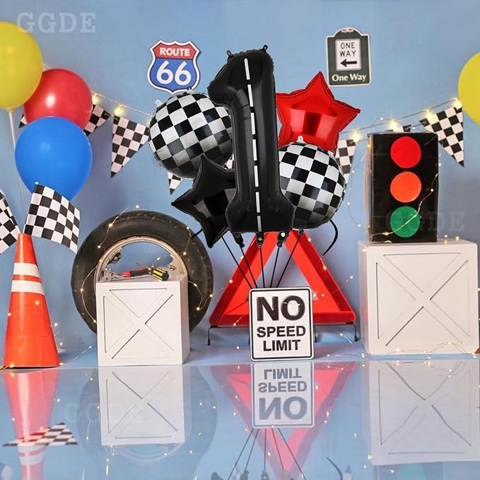 Race Car Birthday Balloons 40 Inch Racetrack Number Balloon 1 Black 5 Pcs | - Image 4