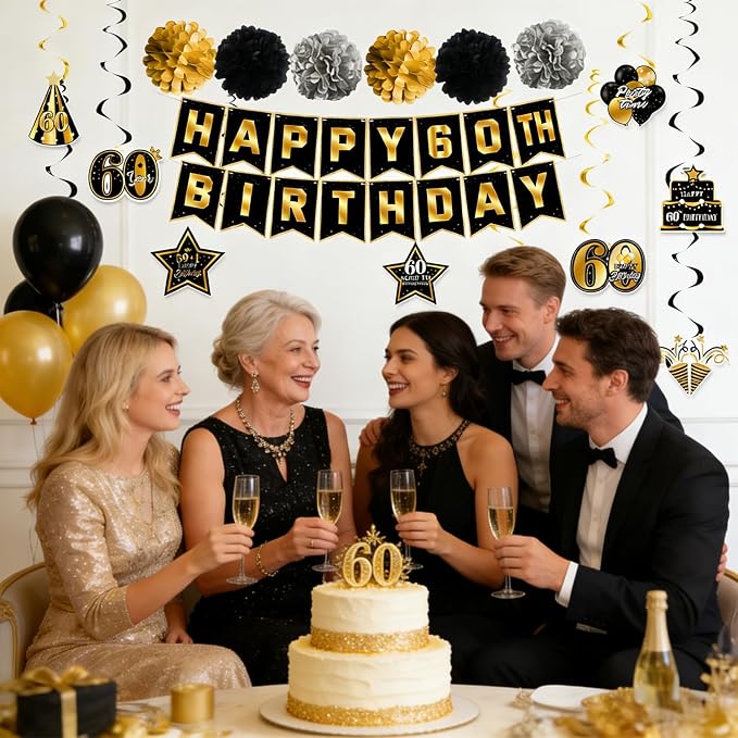 60th Birthday Decorations for Men Women | Pre-Strung Black Gold Happy Birthday - Image 4