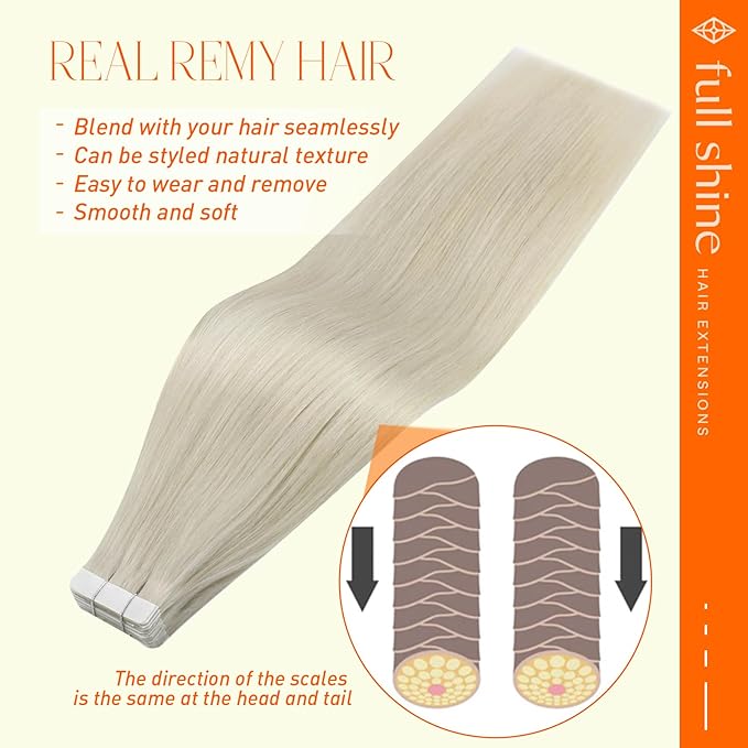 Full Shine Blonde Tape in Hair Extensions Human Hair 16 Inch 40 Pcs 100G Color 1000 Remy Tape in Extensions Double Sided Tape ins Seamless Brazilian Hair Skin Weft Natural