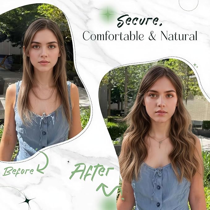 RUNATURE Wire Hair Extensions Human Hair, Hidden Fish Line Hair Extensions, Natural Remy Hair, One Piece Clip in Extensions for Women, Can be Styled, 14 Inch 70g #8P24 Brown Highlight Blonde
