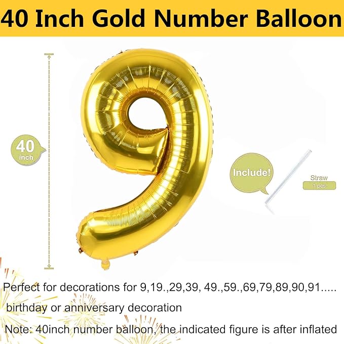 40 inch Gold Number Balloon Giant Foil Helium Balloons Gold Number 9 Balloon - Image 2