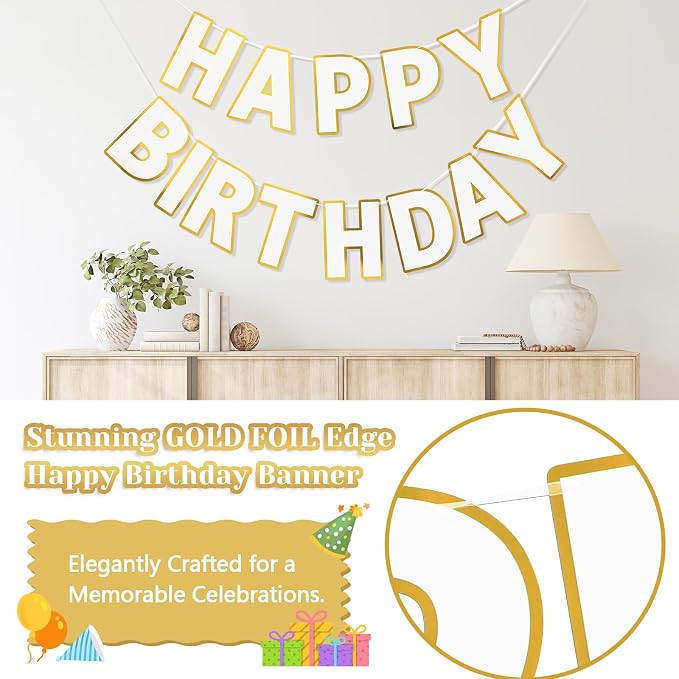 Pre-Strung Happy Birthday Banner White Party Decorations | adjustable cord - Image 3
