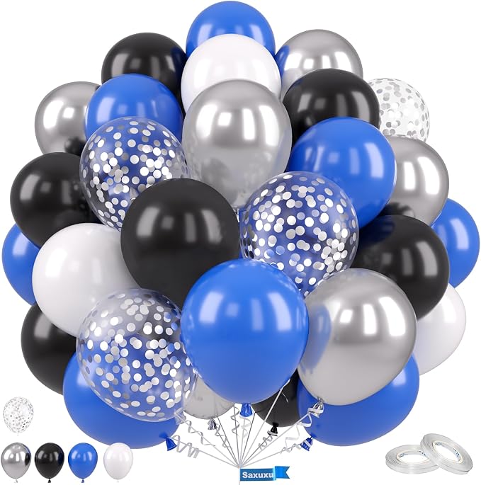 Blue and Black Balloons, 12 Inch Graduation Balloons, Dark Blue Black White by Saxuxu