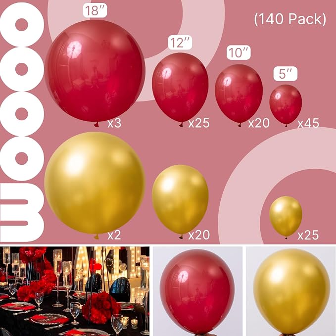 PartyWoo Red Gold Balloons 140pcs Different Sizes Balloon Arch Kit | Ruby - Image 2