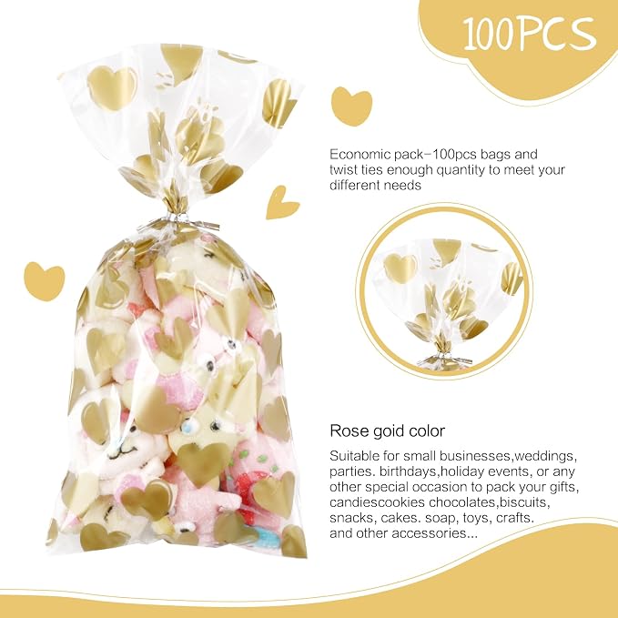 COQOFA 100Pcs 7X12IN Gold Heart Cello Cellophane Treat Bags Gift Party Favor - Image 3