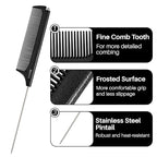 RHOS Carbon Retractable Rat Tail Comb for Parting and Styling, Hair Cutting and Braiding - Stainless Steel Pin Tail Comb, Black