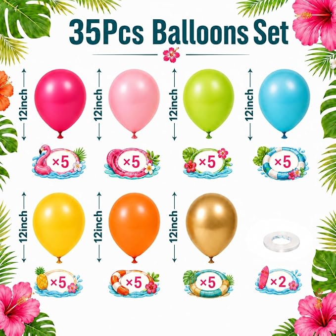 Tropical Balloons, 12 Inch Hawaiian Balloons Teal Hot Pink Orange Yellow - Image 2