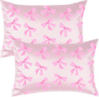 Pink Bow Satin Pillowcase for Hair & Skin Care, Standard Size Set of 2 - Luxurious Satin Pillow Cover with Envelope Closure(20x26 Inches)