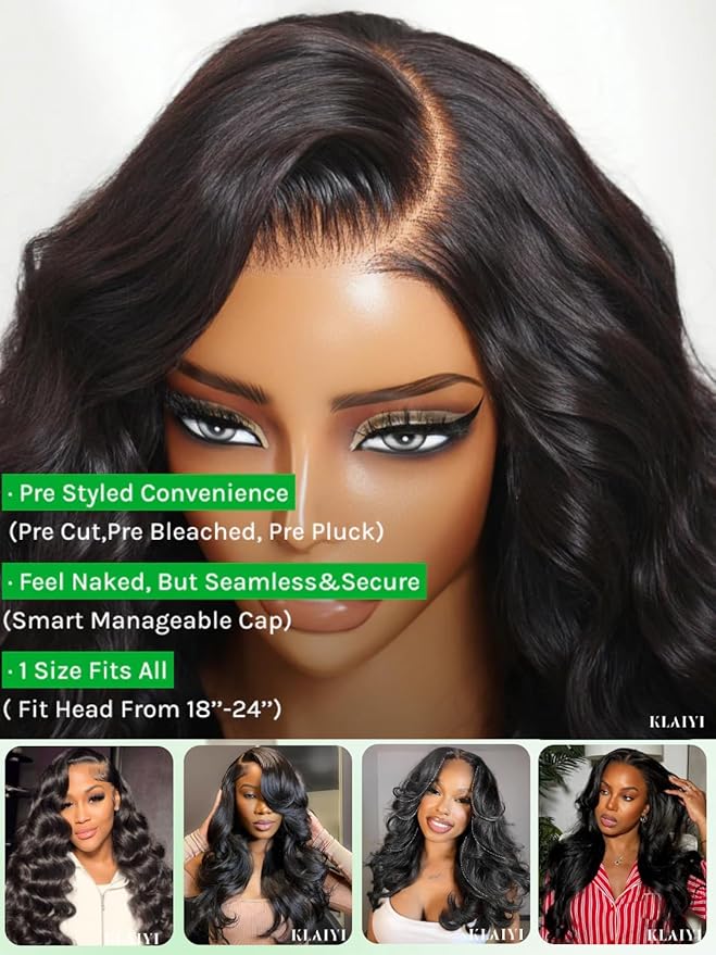 KLAIYI Loose Body Wave Pre Everything Glueless 13x4Lace Front Wig Human Hair Drawstring Precut Lace Pre Plucked Bleached Bye Bye Knots 3S Ready to Wear and Go Wig with Face Framing Curtain Bang 20Inch