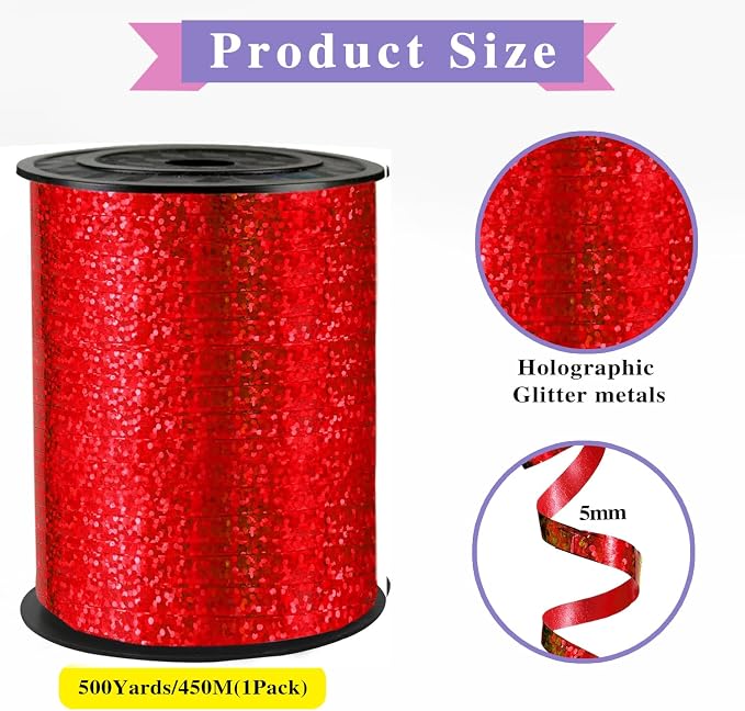 500 Yards Red Glitter Curling Ribbon, 1/5" Wide - Image 2