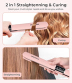 PRITECH Flat Iron Hair Straightener, Titanium Flat Iron with Adjustable Temp(290°F-450°F), 1 inch Plate for All Hairstyles Anti-Frizz Dual Voltage Straightening and Curler 2 in 1 (Pink)