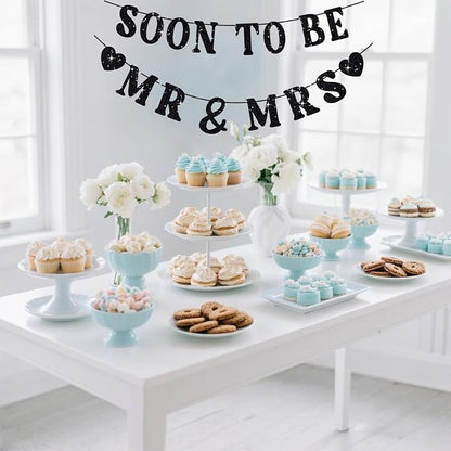 Soon To Be Mr & Mrs Sign, Bridal Shower Banner, Pre-Strung Black Glitter - Image 4