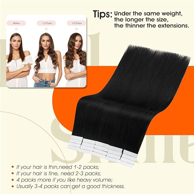 Full Shine Seamless Tape in Hair Extensions Color 1B Black Tape in Extensions Human Hair Double Sided Adhesive Skin Weft Remy Straight Extension for Women 18Inch 100G for Wedding 40Pcs