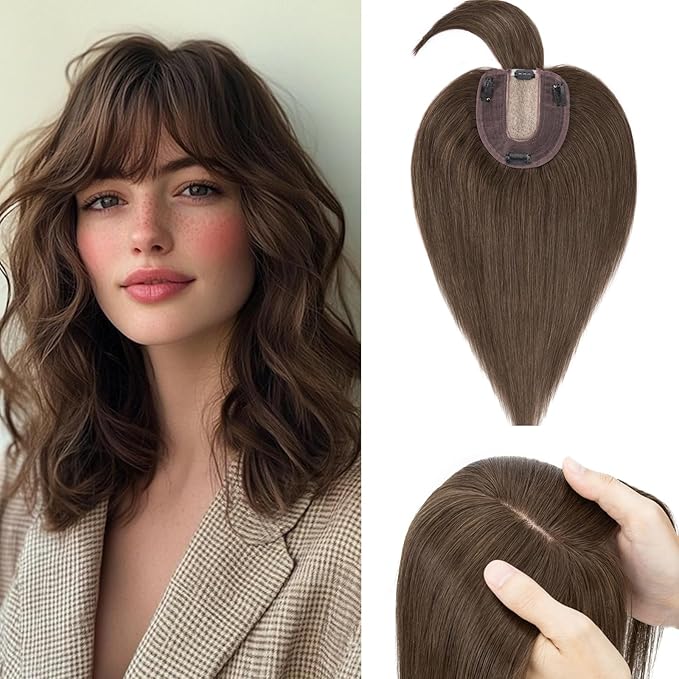 Rich Choices Real Human Hair Toppers for Women With Bang 100% Remy Human Hair Topper for Thinning Hair Clip in Silk Base Hair Topper 6 Inch #2R Chocolate Brown