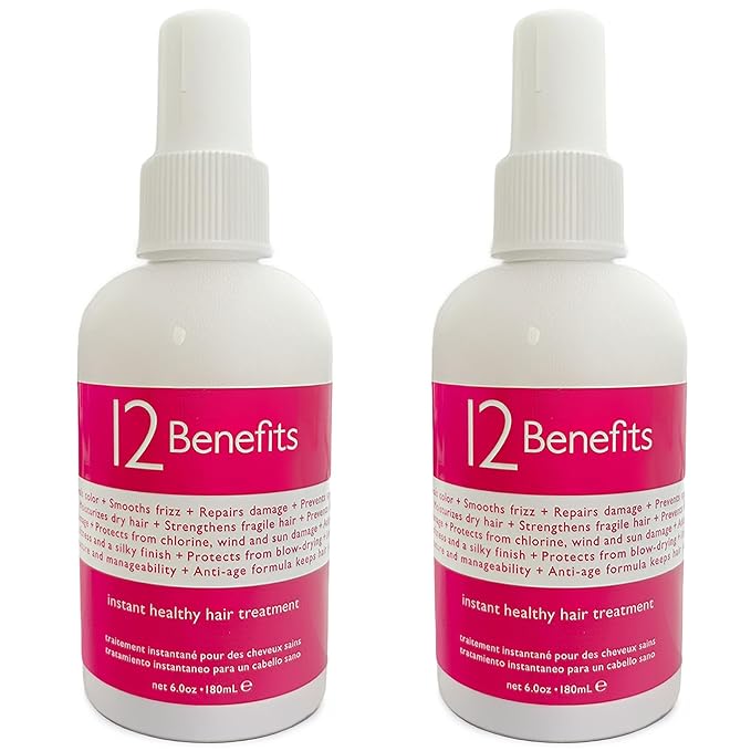 12 Benefits Instant Healthy Hair Treatment, Leave-In Conditioning, Smoothes Frizz, Strengthens & Repairs, Heat Protection Spray, 6 Fl Oz (Pack of 2)