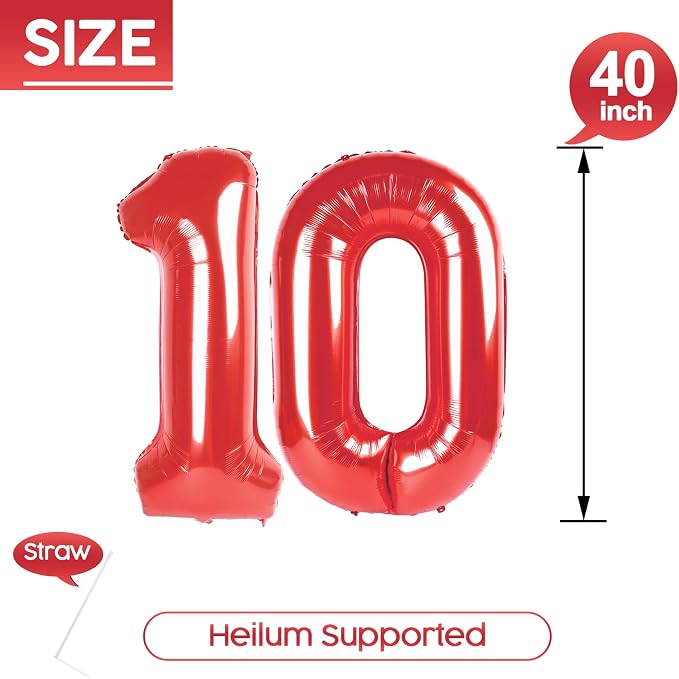 10 Balloon - Red Birthday Number Balloons, 40 Inch Decorations Men Women | Red - Image 5