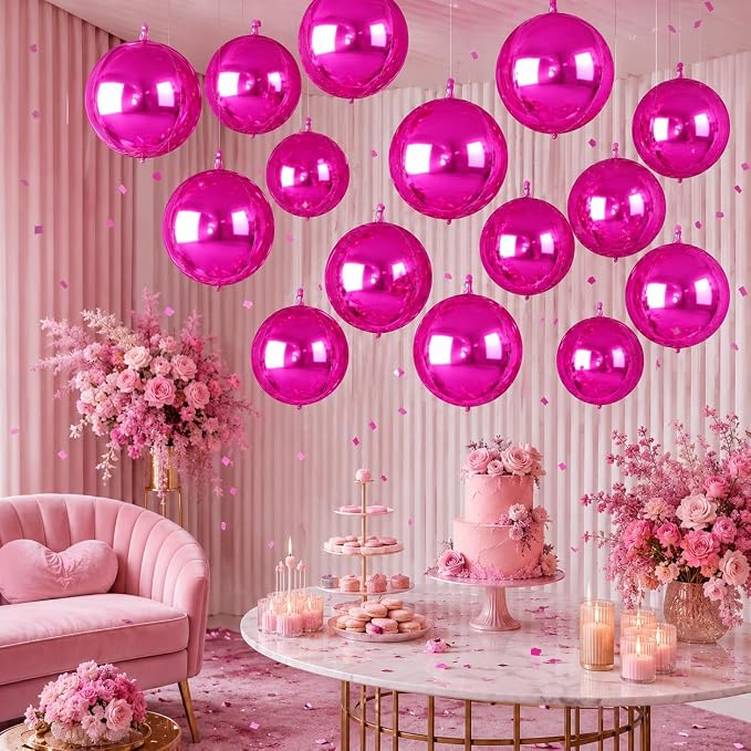 14 Pcs Hot Pink Round Foil Balloons 22/15/10 4D Ball Balloons Metallic Pink - Image 7