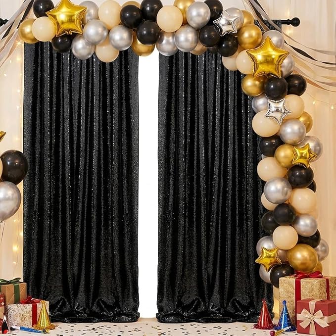 Black Sequin Backdrop Curtains Party Photo Glitter Drapes 2 Pcs 2FTx8FT | - Image 7