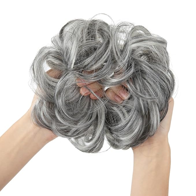 CJL HAIR Large Messy Bun Hair Piece Wavy Curly Scrunchies Synthetic Chignon Ponytail Hair Extensions Thick Updo Hairpieces for Women Dark Grey
