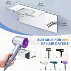 Hair Dryer Holder Wall Mounted, Blow Dryer Holder Adhesive, Metal Hairdryer Holder for Bathroom, Hair Tool Organizer with Plug&Cord for Cabinet Bathroom Bedroom Barber Shops