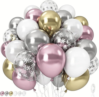 Pink White Winter Wonderland Snowflake Balloons Set, Metallic Light Pink Gold by Isndare